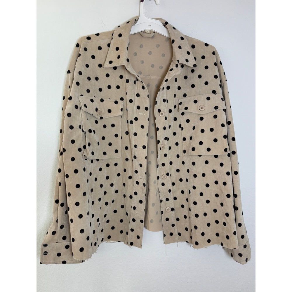 Easel Polka Dot Corduroy Shacket Tan Black Button Down Shirt Jacket Womens Large